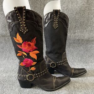 J. Renee Dakota Black Embroidered Studded Floral Western Boots Size 10M